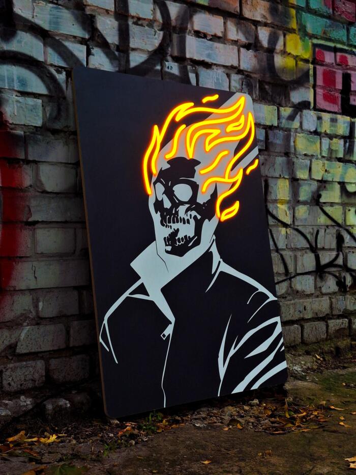 Unleash the spirit of vengeance with this Ghost Rider neon sign. A stunning LED wall art piece for Marvel fans, collectors, and lovers of bold decor.