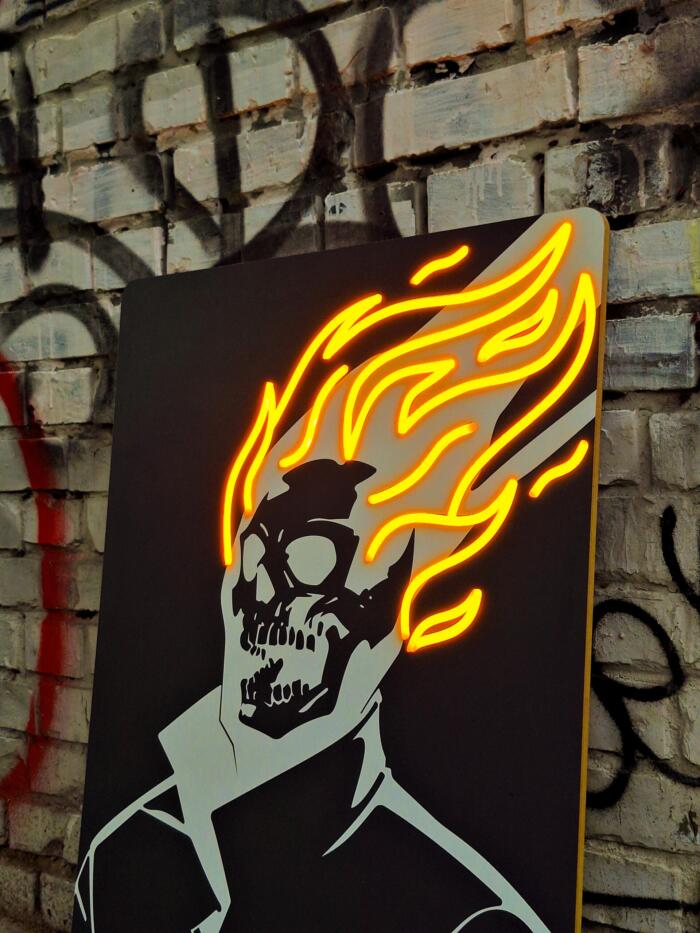 Unleash the spirit of vengeance with this Ghost Rider neon sign. A stunning LED wall art piece for Marvel fans, collectors, and lovers of bold decor.