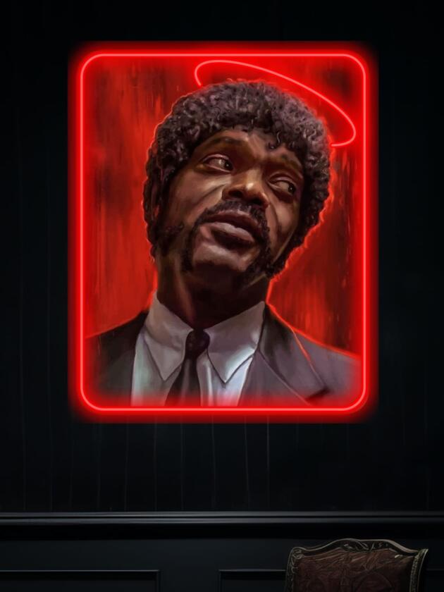 Embrace the legendary coolness of Jules Winnfield with this neon artwork. A must-have LED wall piece for Pulp Fiction fans, film lovers, and those who appreciate bold, cinematic decor.