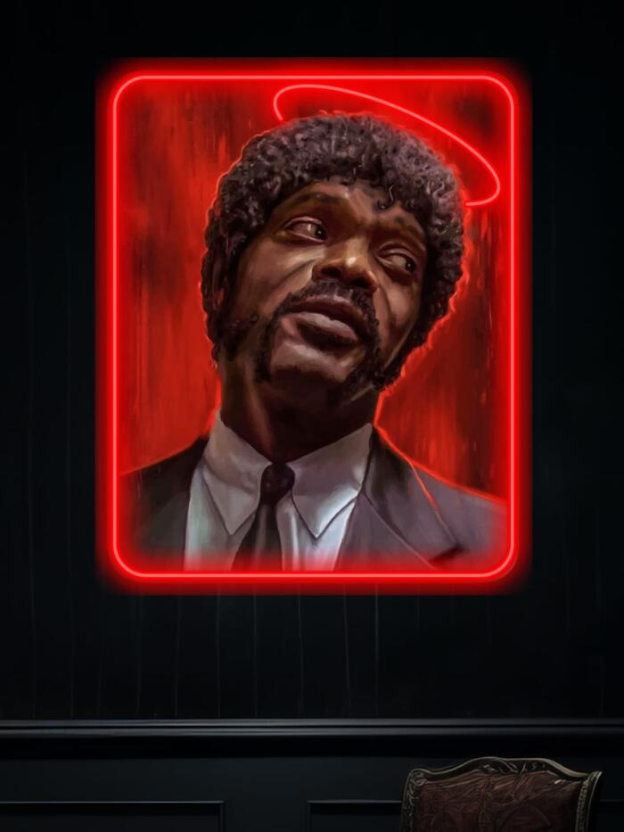 Embrace the legendary coolness of Jules Winnfield with this neon artwork. A must-have LED wall piece for Pulp Fiction fans, film lovers, and those who appreciate bold, cinematic decor.