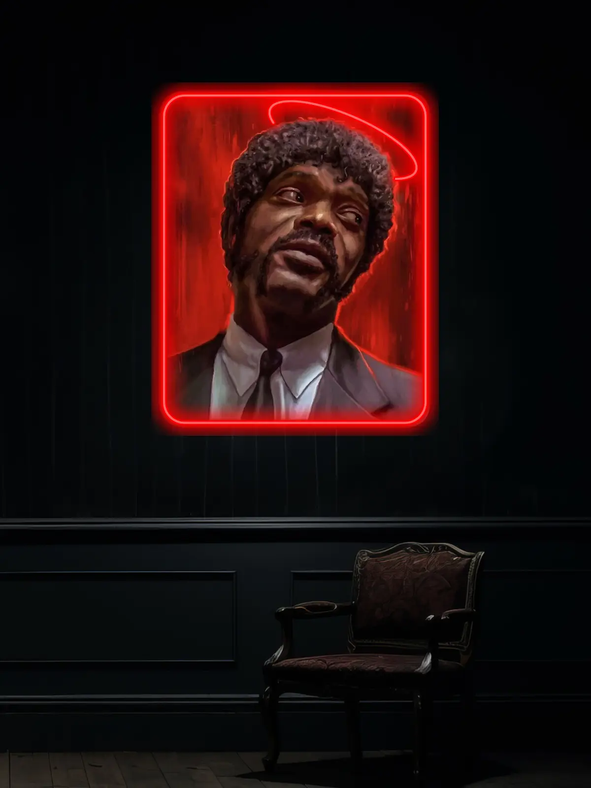 Embrace the legendary coolness of Jules Winnfield with this neon artwork. A must-have LED wall piece for Pulp Fiction fans, film lovers, and those who appreciate bold, cinematic decor.