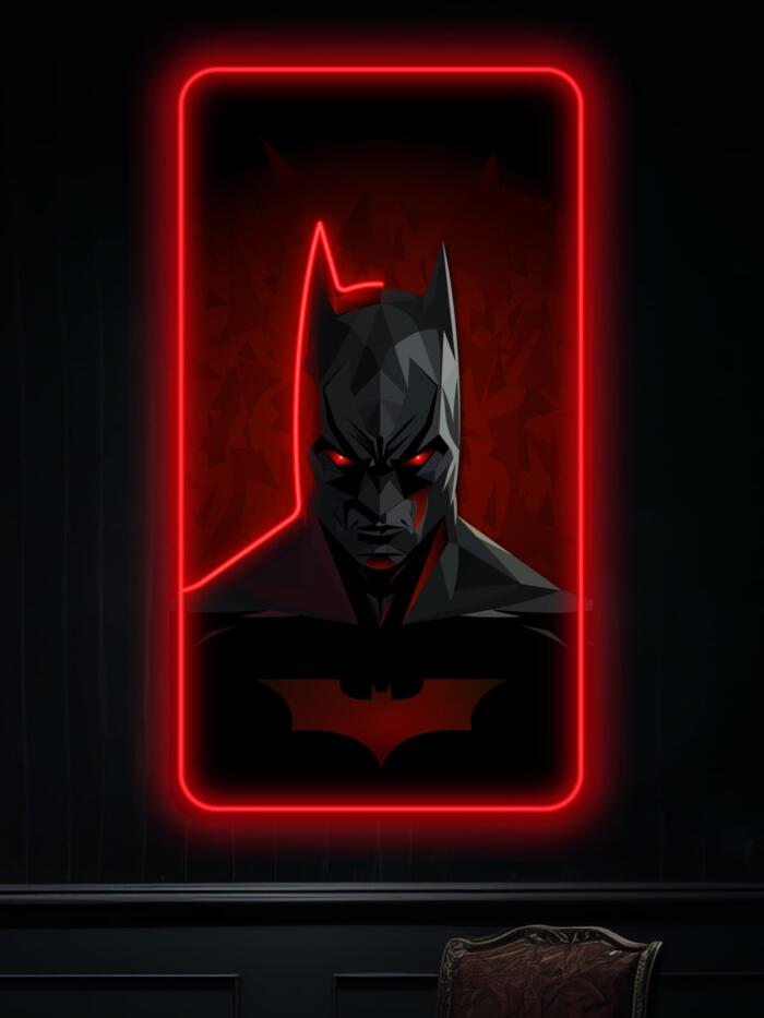 The Dark Batman neon sign is a striking fusion of Gotham’s brooding protector and futuristic neon aesthetics. With bold red LED illumination accentuating his silhouette, this piece exudes power, mystery, and the essence of the Dark Knight. Perfect for DC fans, gamers, and lovers of bold wall art.