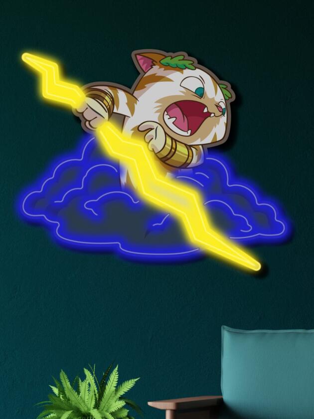 Exclusive Zeus Cat Neon Art – stunning wall decoration featuring a lightning-wielding cat with clouds. Perfect LED lighting for cat lovers and modern decor enthusiasts. Transform your interior!