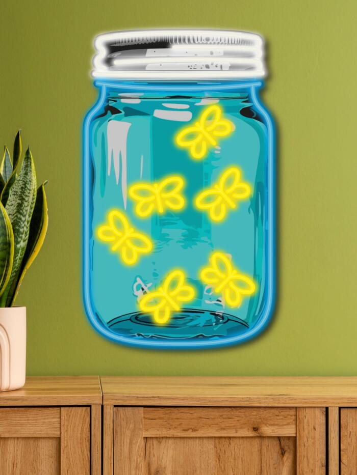Neon wall art with butterflies in a jar. Unique glowing decor for your home or gift. Perfect neon artwork for cozy interiors, kids’ rooms, or creative spaces.