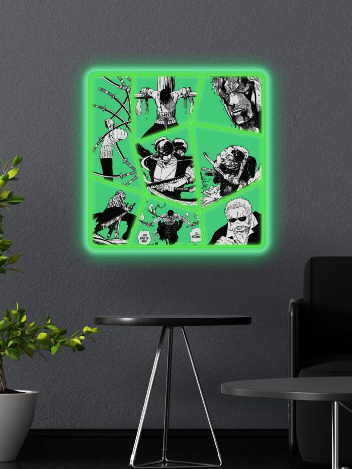 Neon artwork featuring Roronoa Zoro from One Piece. Perfect for anime fans and collectors. Stylish lighting, manga-style, and unique wall art for your space.