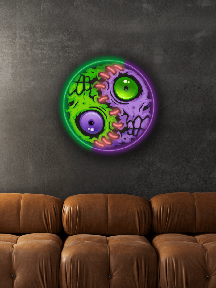 Horrible Balance Neon Artwork – unique horror-style LED art featuring stitched zombies. Purple and green neon lighting creates a chilling visual of decay and reanimation. Perfect for horror fans and unique wall decor enthusiasts.