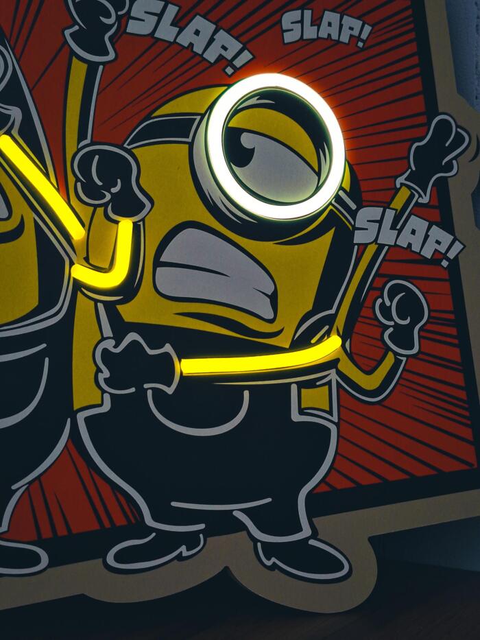 Exclusive Minions Comic LED Wall Art - Transform your space with this playful animated wall decor featuring the iconic yellow characters in comic strip style. Perfect for animation fans and kids' rooms!
