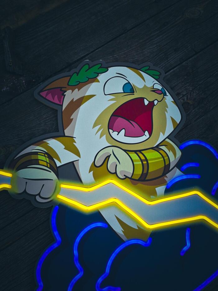 Exclusive Zeus Cat Neon Art – stunning wall decoration featuring a lightning-wielding cat with clouds. Perfect LED lighting for cat lovers and modern decor enthusiasts. Transform your interior!