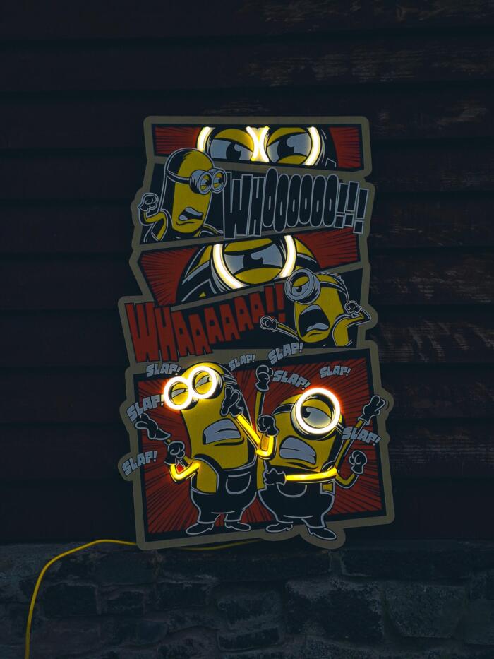 Exclusive Minions Comic LED Wall Art - Transform your space with this playful animated wall decor featuring the iconic yellow characters in comic strip style. Perfect for animation fans and kids' rooms!